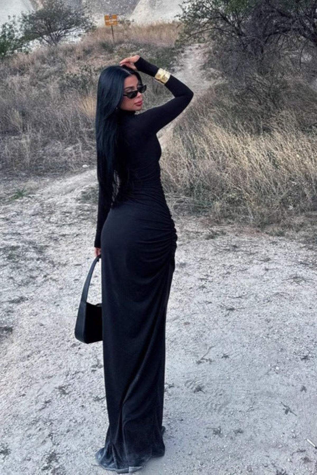 Ruched Slit Mock Neck Dress