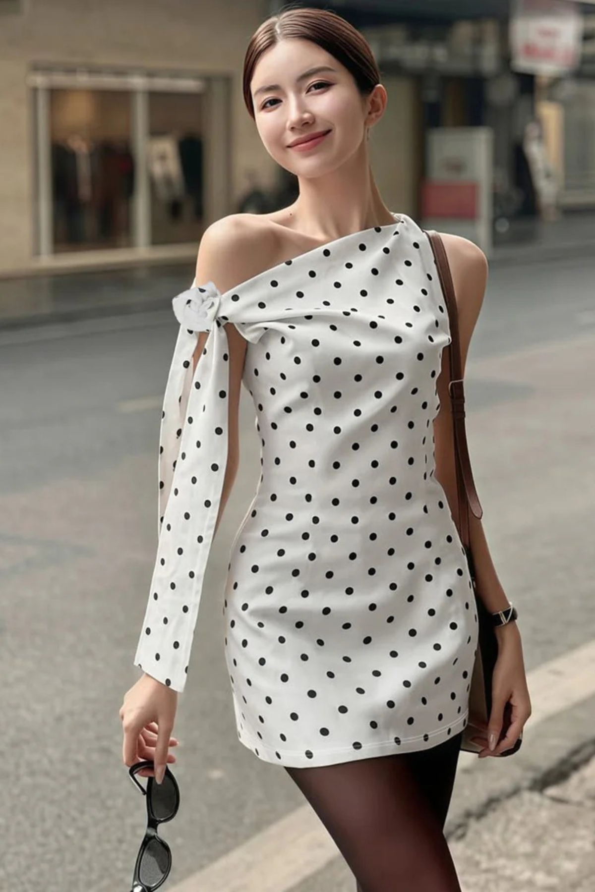Polka Dot Lace-Up Shoulder Mini Dress