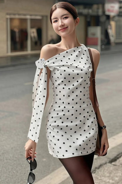 Polka Dot Lace-Up Shoulder Mini Dress