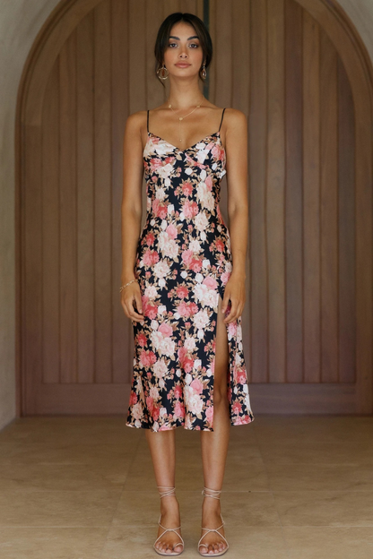 Floral V-Neck Split Midi Dress