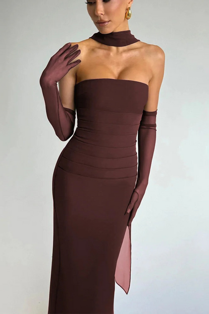 Strapless Midi Bodycon Dress with Scarf