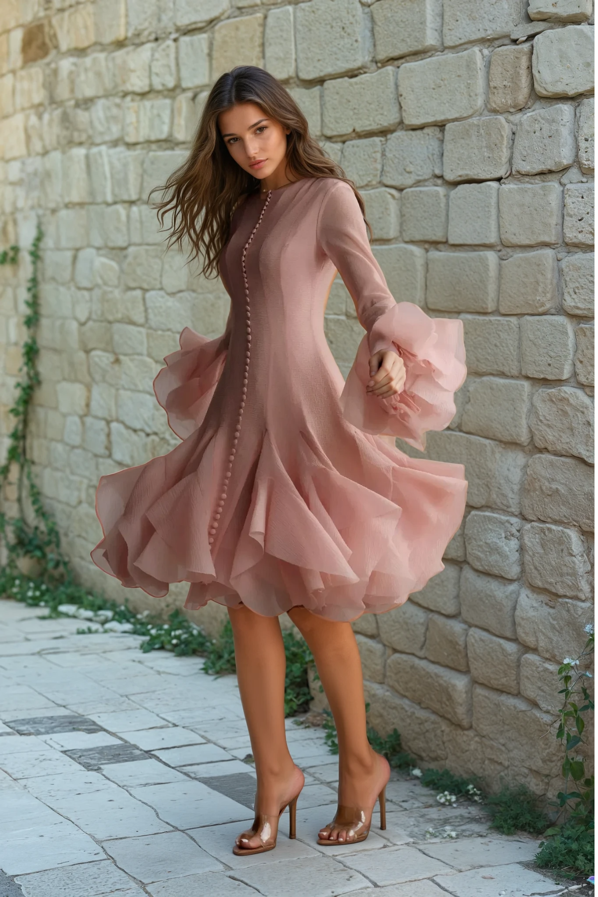 Long Sleeve Flared Hem Midi Dress