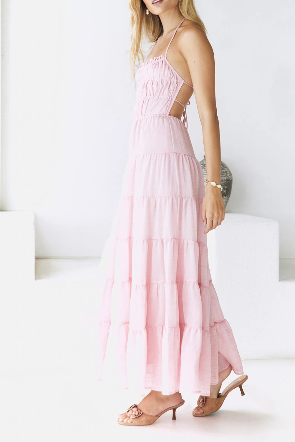 Ruffled Backless Ruched Tie Halter Midi Dress