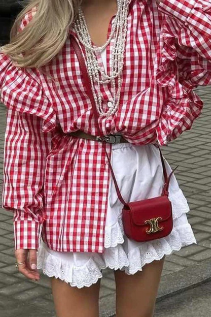 Cotton Plaid Ruffled Collared Shirt