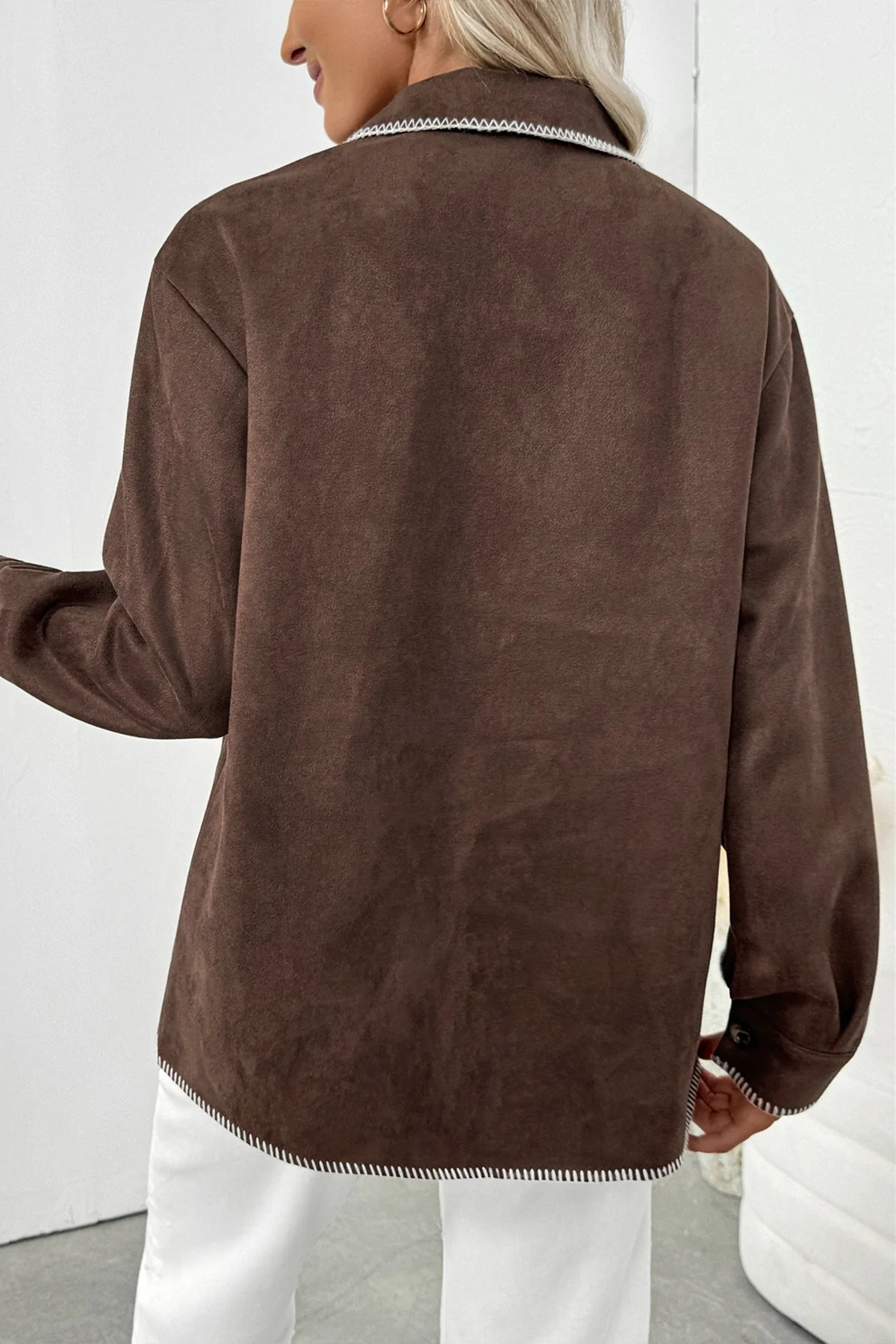 Brown Contrast Trim Suede Shacket