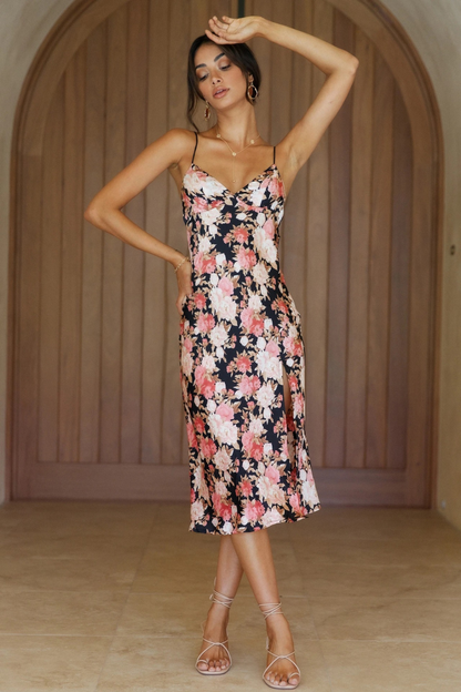 Floral V-Neck Split Midi Dress