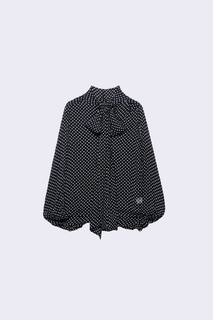 Polka Dot Tie-Neck Cape Blouse
