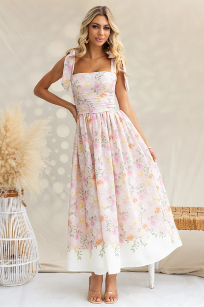 Floral Ruched Spaghetti Strap Maxi Dress