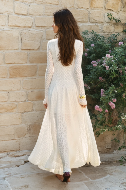 Semi-Sheer Mock Neck Lace Flowy Dress