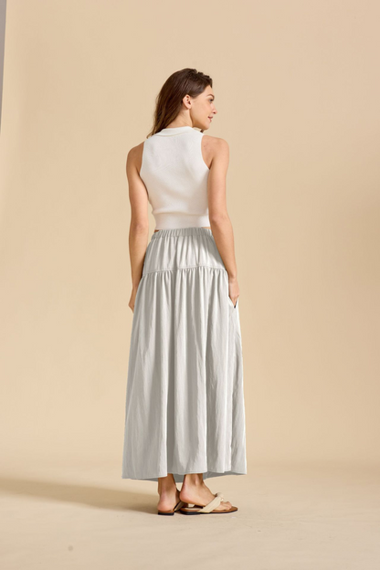 Ruched Pocketed Cotton A-Line Maxi Skirt