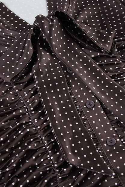 Polka Dot Ruched Tie Neck Blouse