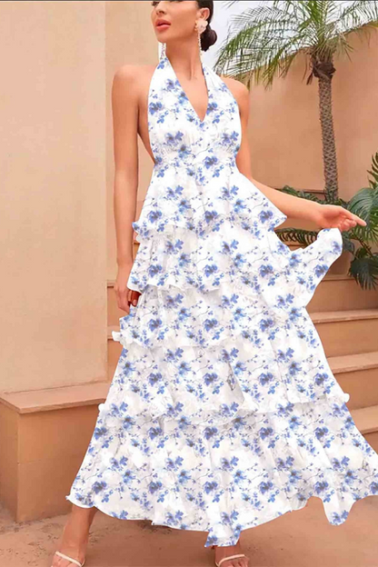 Floral Print V-Neck Layered Dress