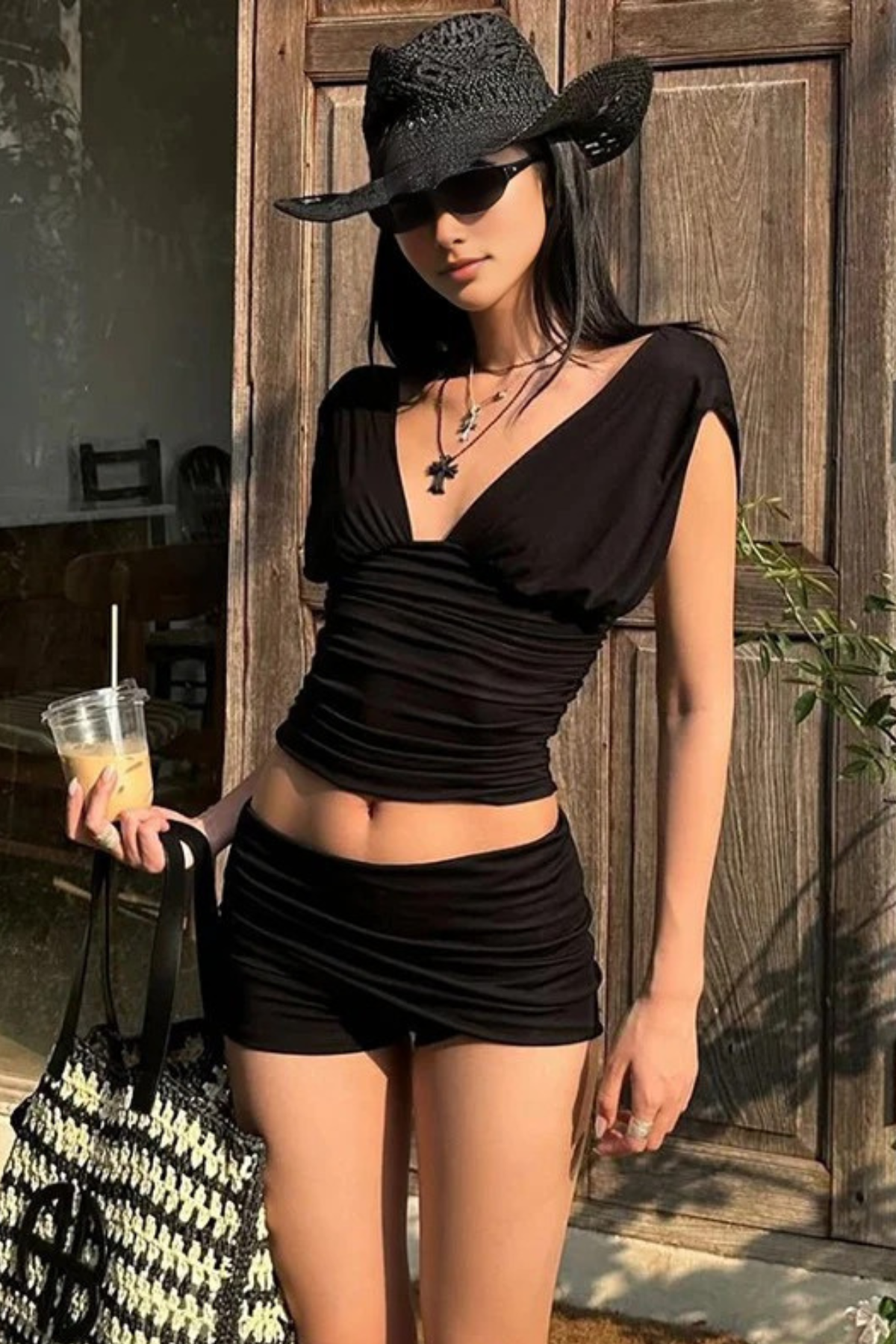 Ruched V-Neck Crop Top & Shorts Set