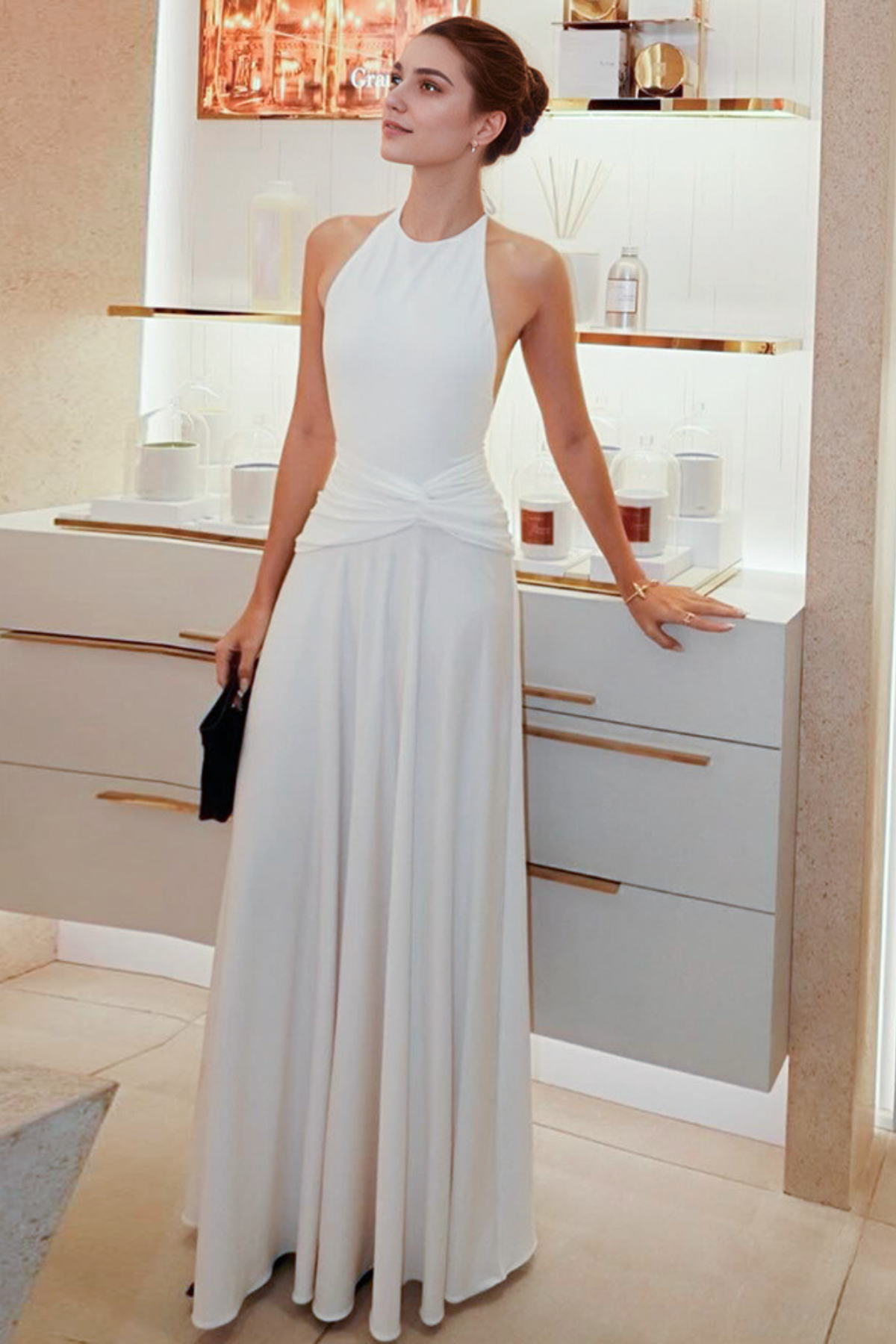 Pleated A-Line Halter Maxi Dress