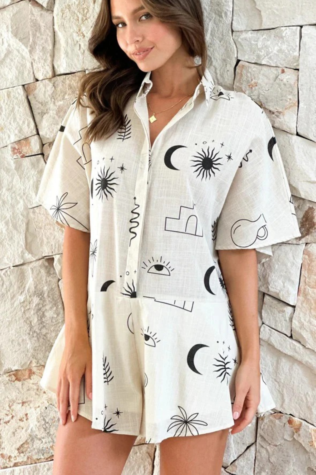 Graphic Collared Button-Up Romper