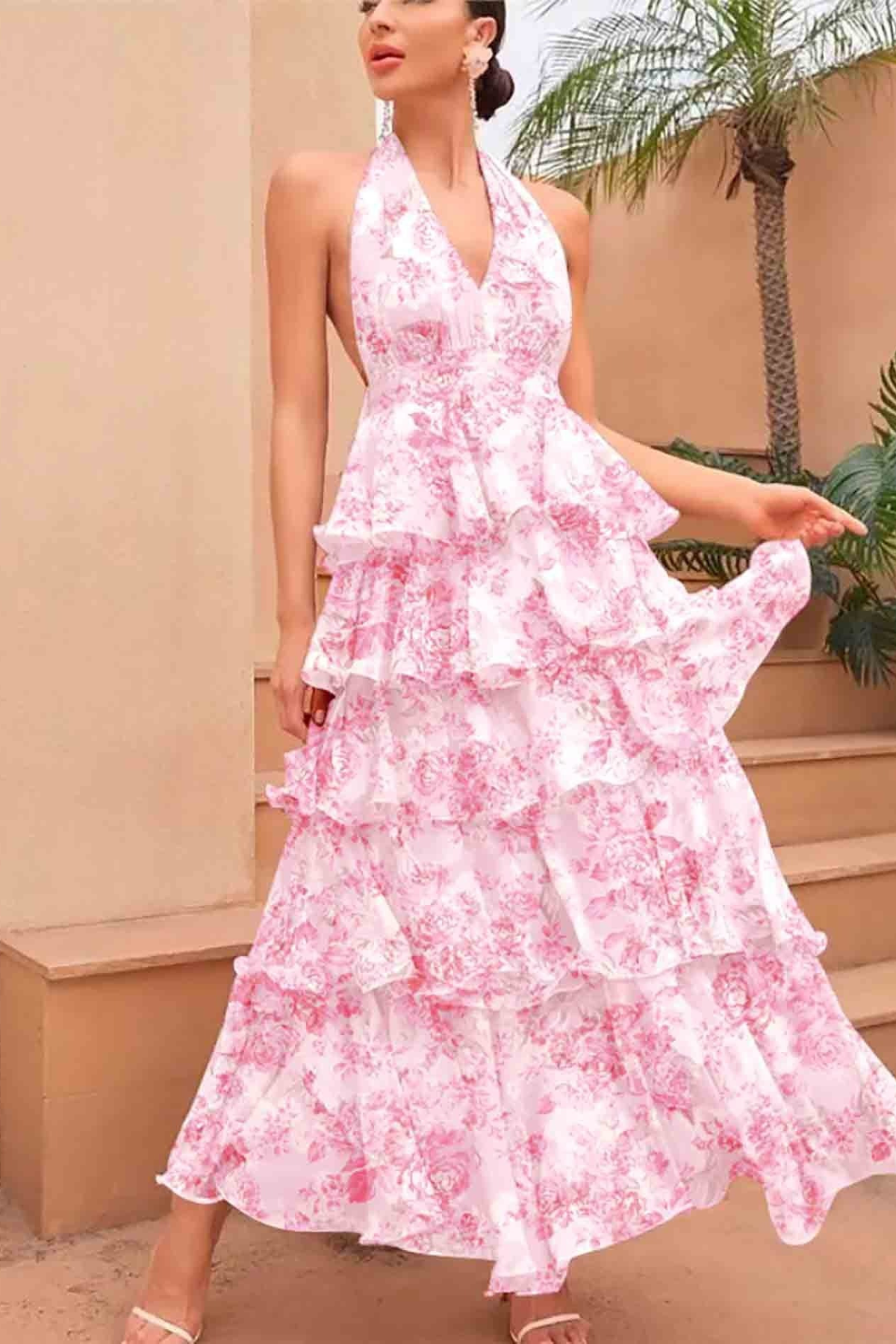 Floral Print V-Neck Layered Dress