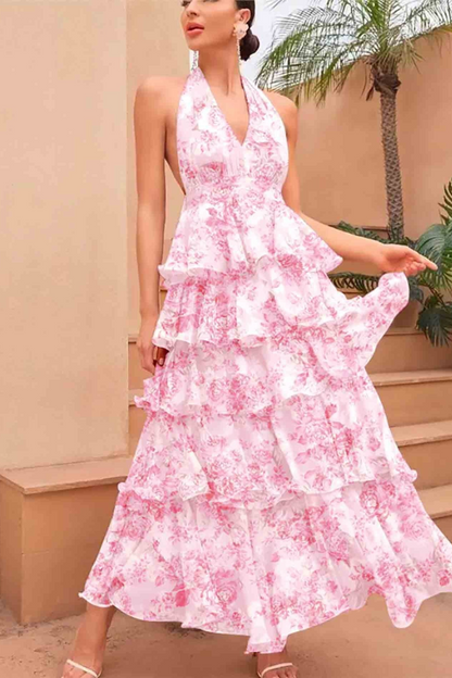 Floral Print V-Neck Layered Dress