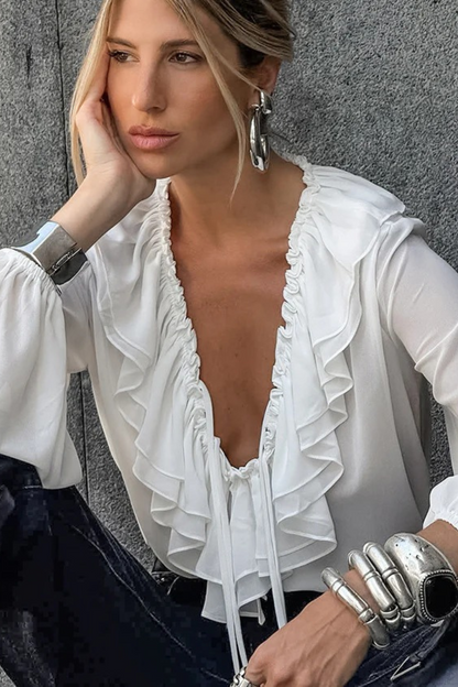 Ruffle Tie V-Neck Blouse
