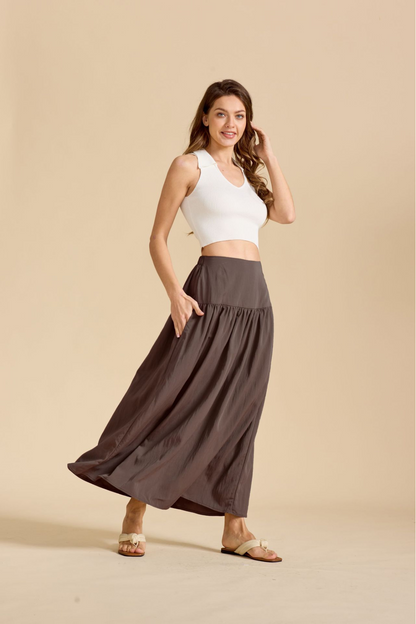Ruched Pocketed Cotton A-Line Maxi Skirt