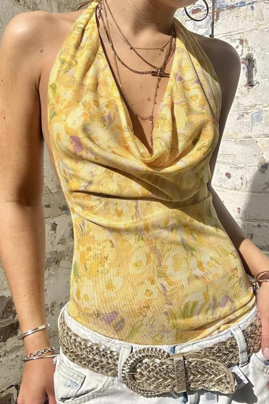 Floral Backless Cowl Neck Top
