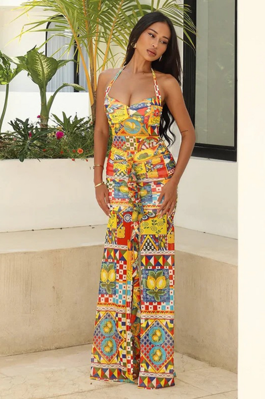 Halter Dress with Slit and Print