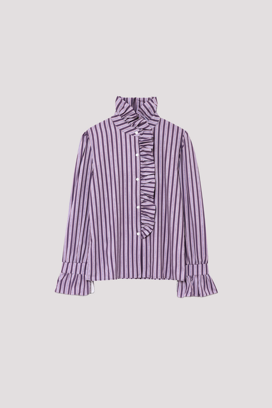 Ruffle Stand Collar Stripe Shirt