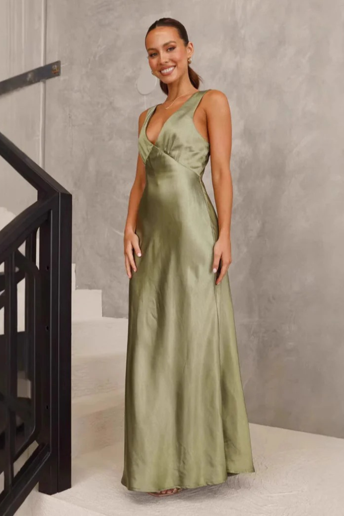 Satin Ruched V-Neck Maxi Dress