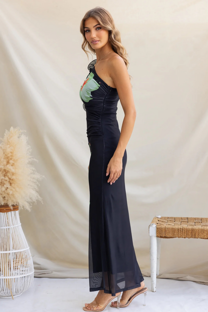 One-Shoulder Floral Lace Maxi Dress