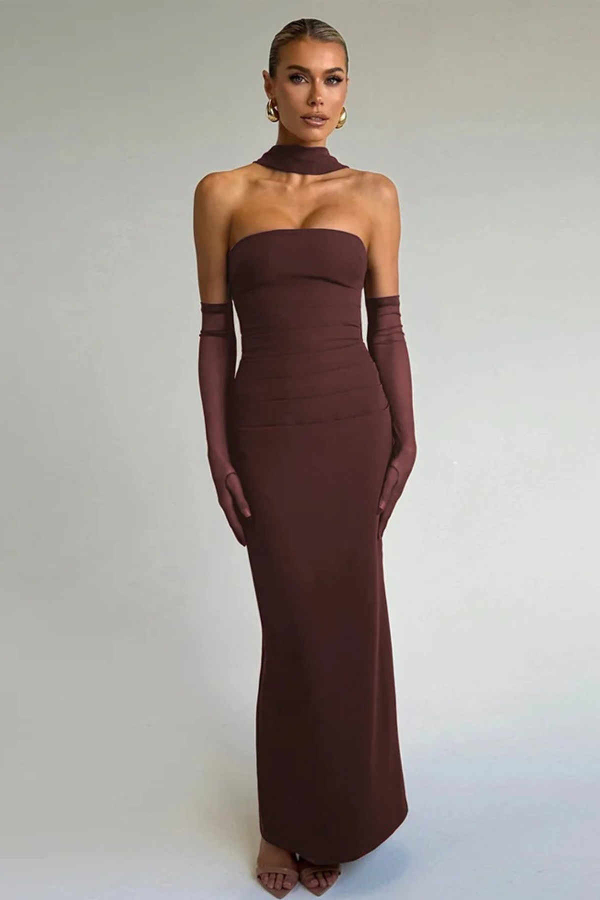 Strapless Midi Bodycon Dress with Scarf