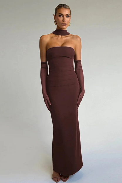 Strapless Midi Bodycon Dress with Scarf