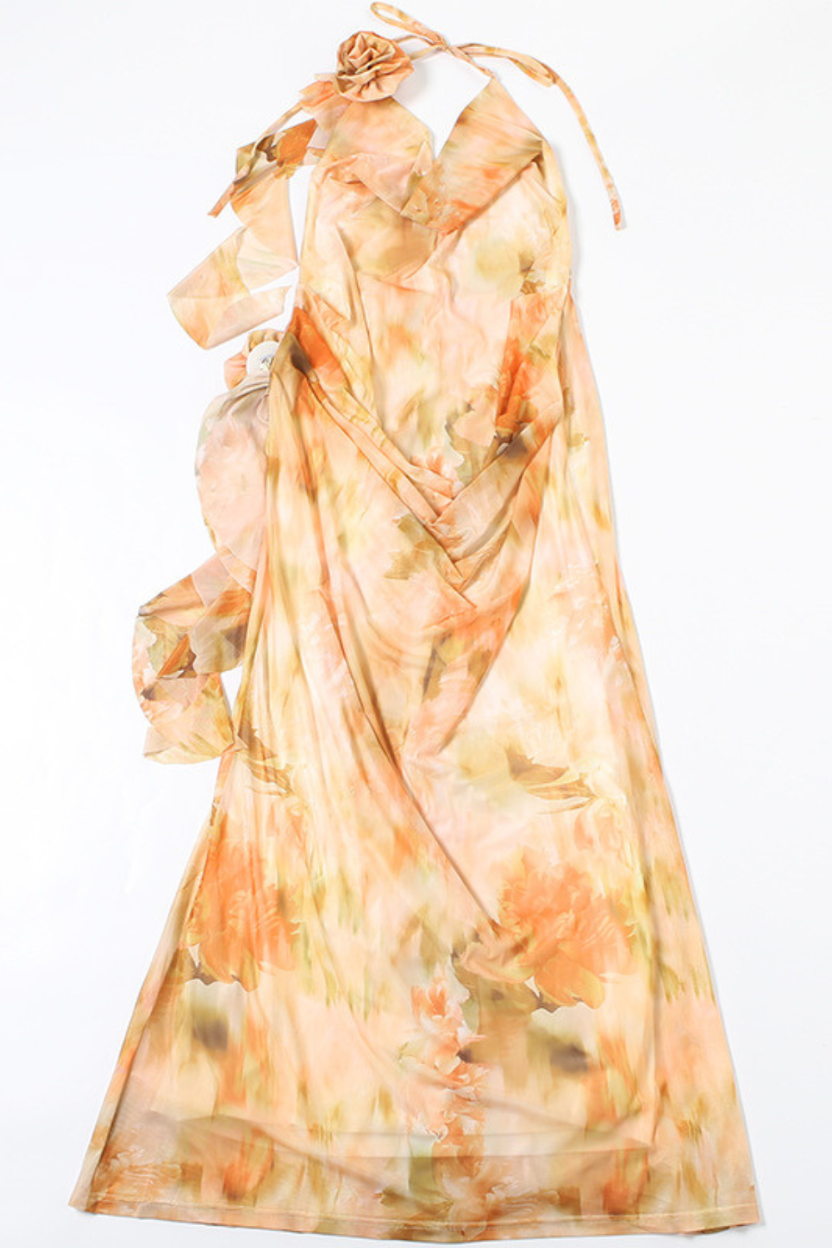 Printed Halter Lace-Up Mesh V-Neck Dress