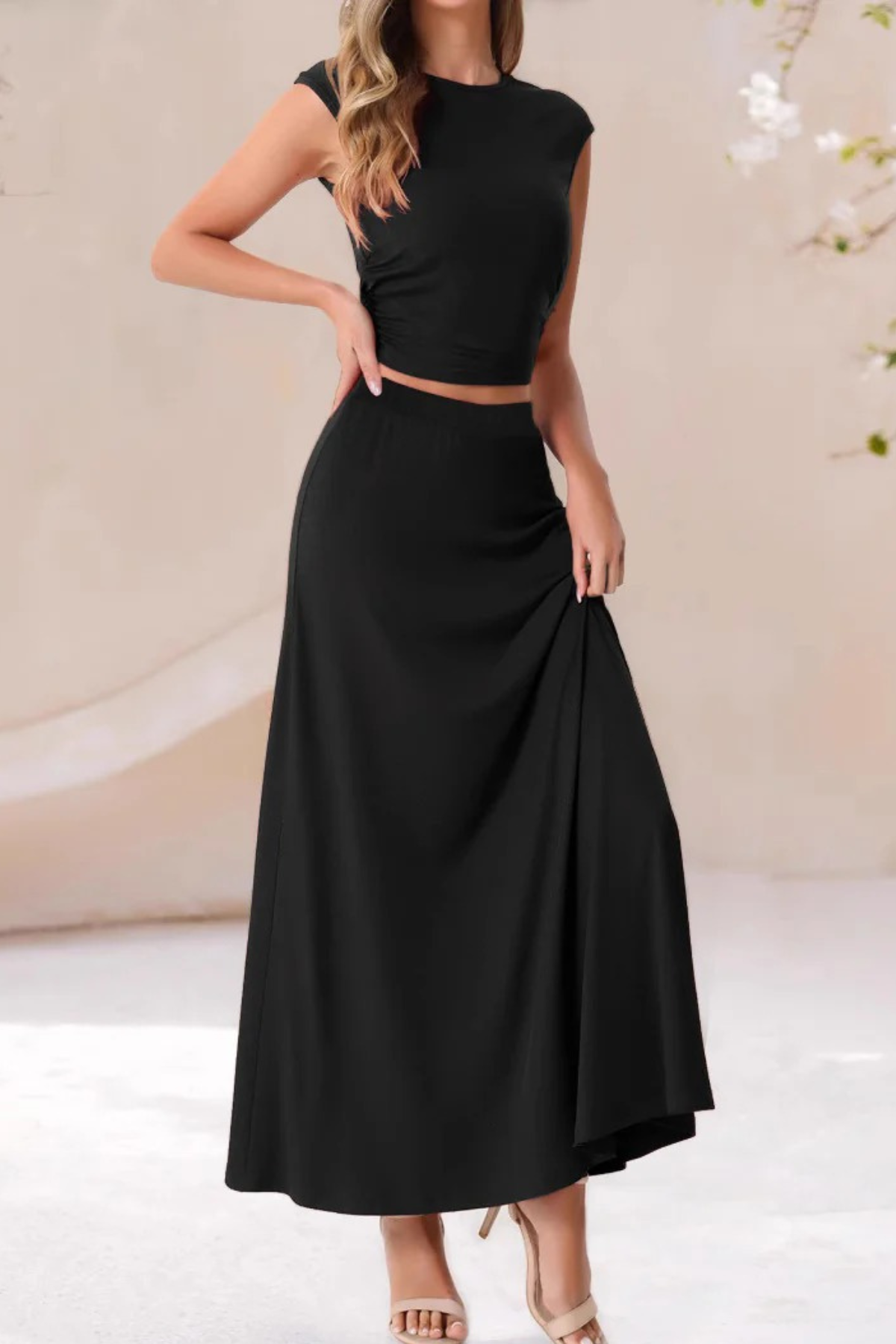 Ruched Short Sleeve Crop Top & Maxi Skirt Set