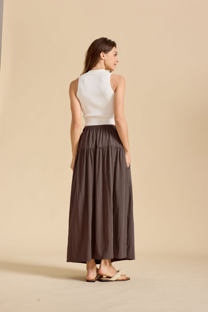 Ruched Pocketed Cotton A-Line Maxi Skirt