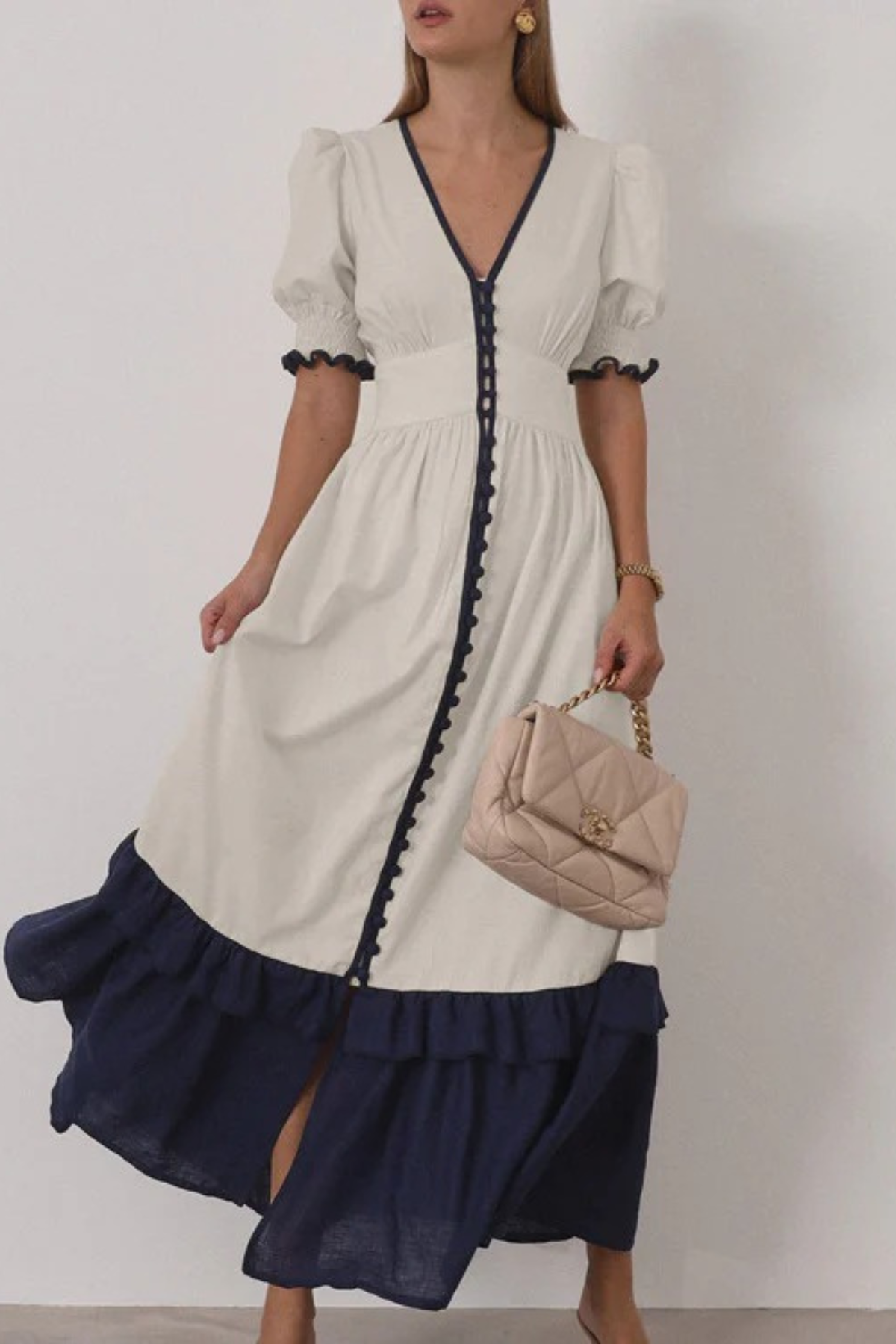 Linen Contrast Ruffle Sleeve Split Dress