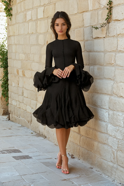 Long Sleeve Flared Hem Midi Dress