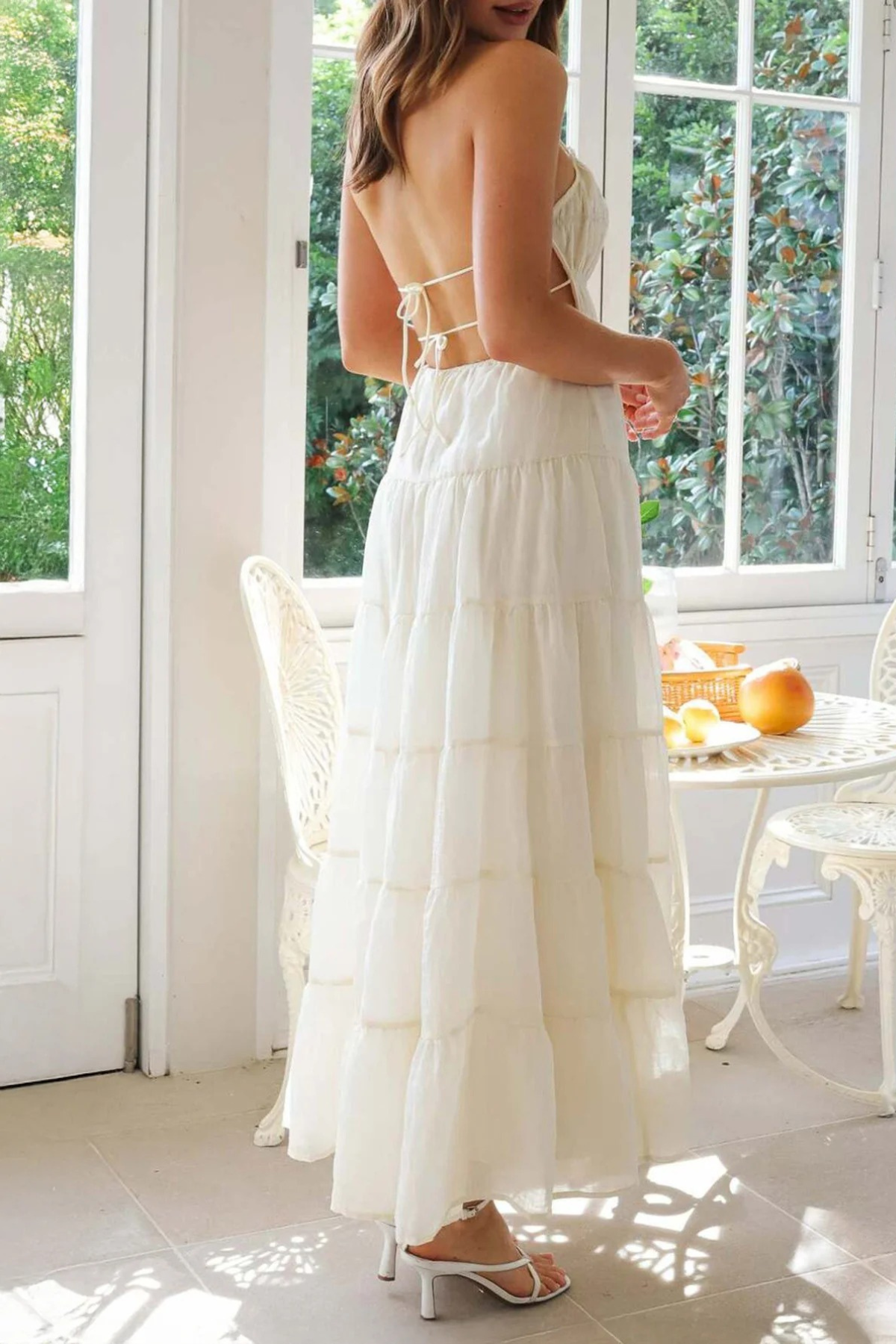 Ruffled Backless Ruched Tie Halter Midi Dress