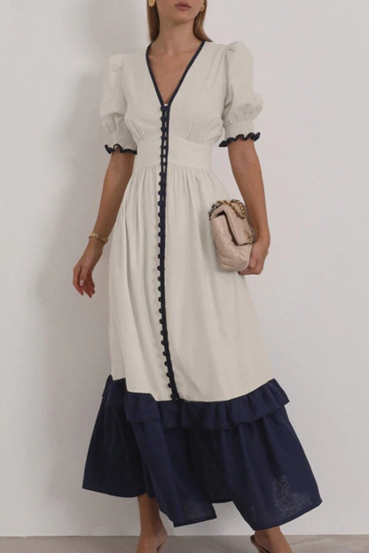Linen Contrast Ruffle Sleeve Split Dress