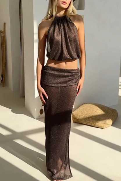 Solid Halter Crop Top & Slit Maxi Skirt Set