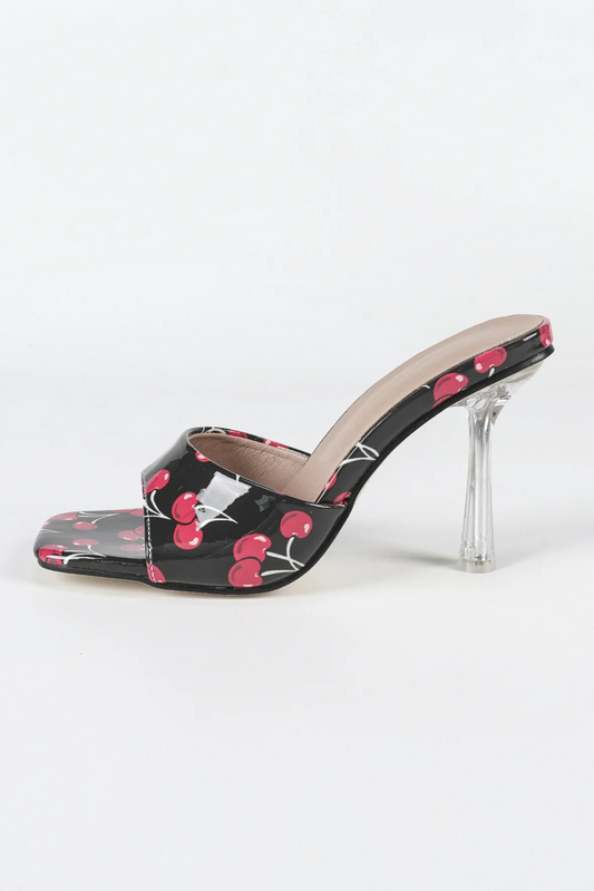 Cherry Printed Peep Toe Chunky Heel Slippers