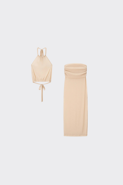 Solid Halter Crop Top & Slit Maxi Skirt Set