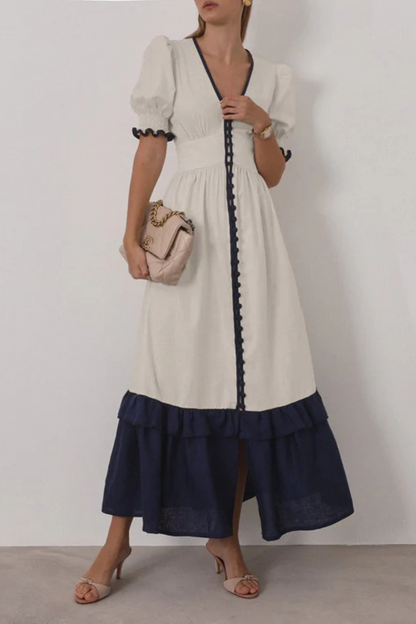 Linen Contrast Ruffle Sleeve Split Dress