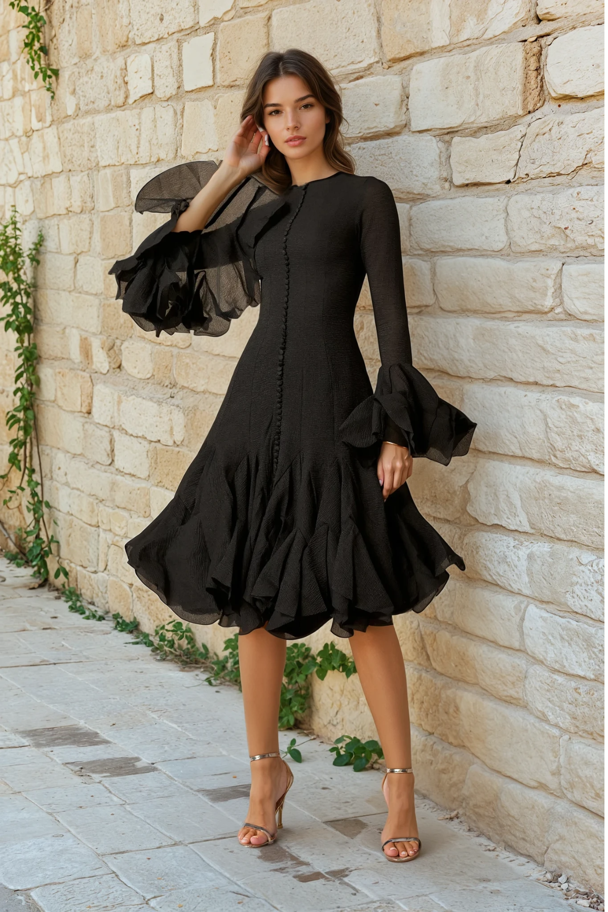 Long Sleeve Flared Hem Midi Dress