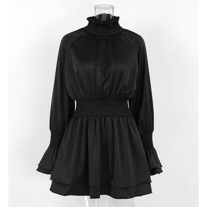 French Satin High-Neck A-Line Dress