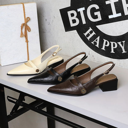 Retro Brown Camellia Pumps Word with Chunky Heel Low Heel Back Empty Back Strap Women Shoes