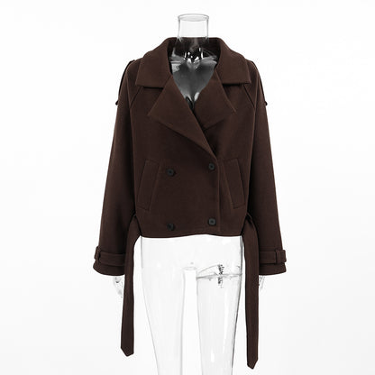 Autumn Winter Collared Elegant Double Breasted Woolen Coat Office Coat Women