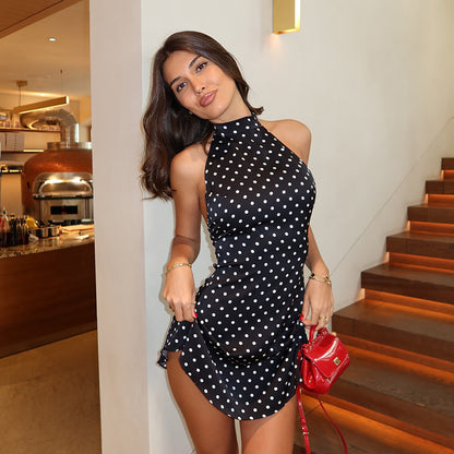 French Polka Dot Halter A-Line Dress