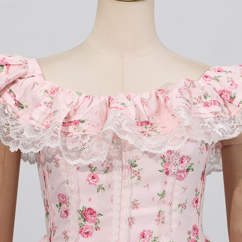 French Sexy Summer off Shoulder Lace Edge Waist Controlled Slim Fit Slimming High Grade Design Dress