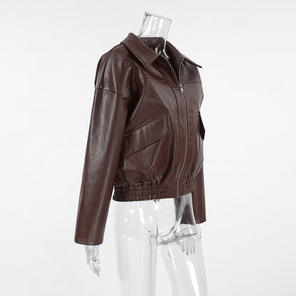 Women Clothing Spring Autumn Coat Bomber Jacket Retro Old Money Leather Jacket