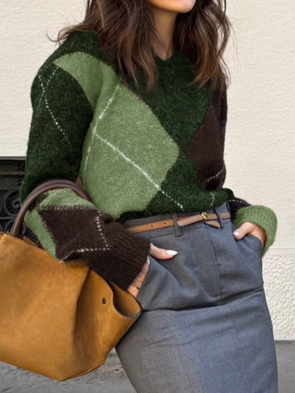Casual Holiday Color Matching Long Sleeve Woolen Sweaters Women Clothing Autumn Winter