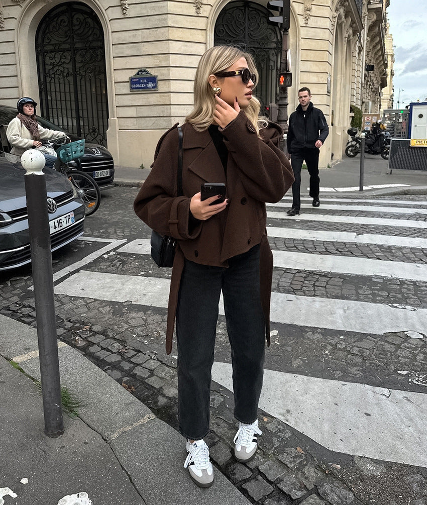 Autumn Winter Collared Elegant Double Breasted Woolen Coat Office Coat Women
